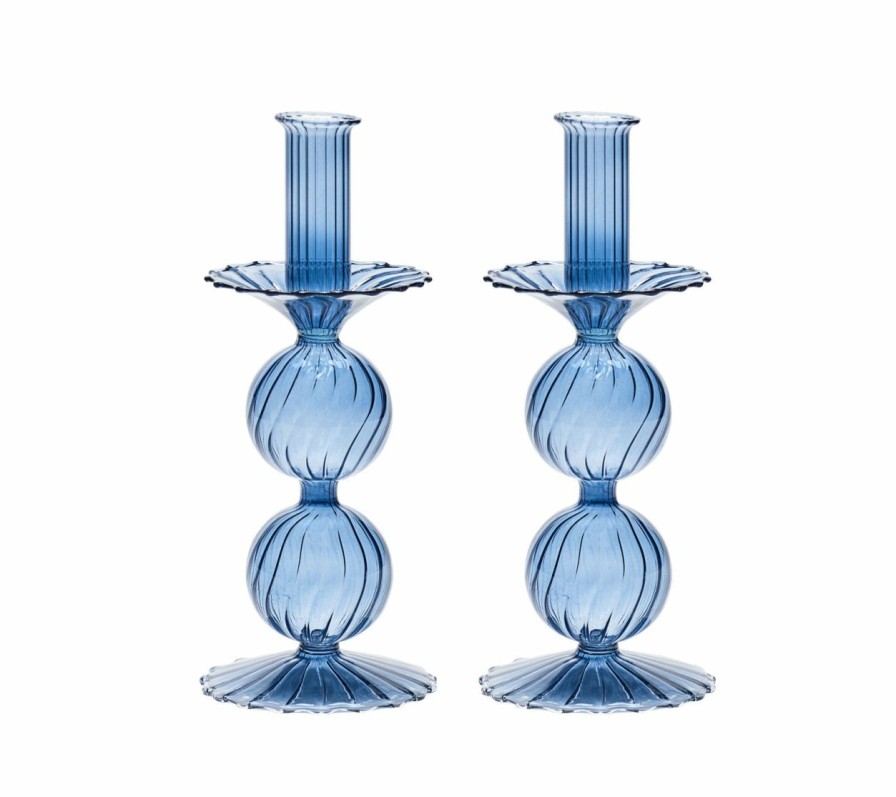 Decor Kim Seybert | Kim Seybert Bella Short Candle Holder In Cadet, Set Of 2 In A Box Home Decor