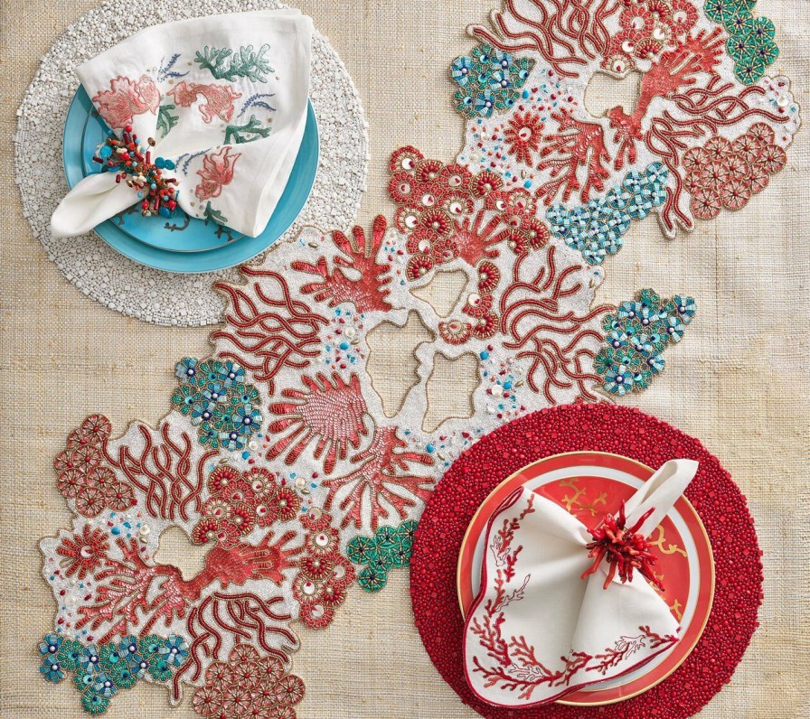 Tablecloths/Runners Kim Seybert | Kim Seybert Table Runners Cozumel Table Runner In Turquoise, Coral, & Gold