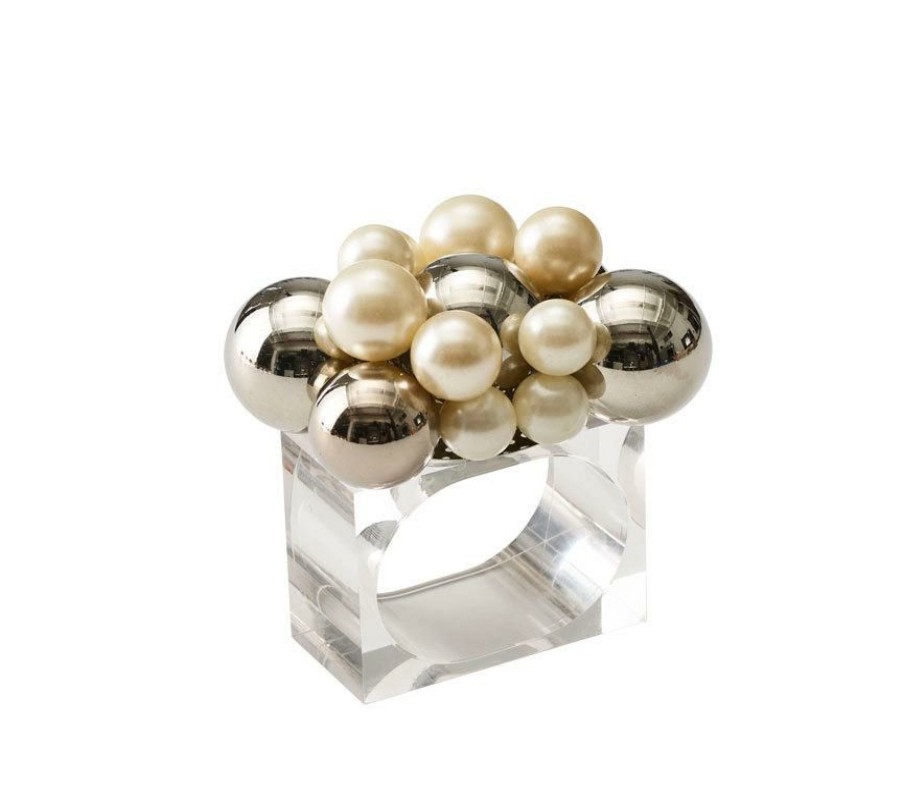 Seasonal Kim Seybert | Kim Seybert Bauble Napkin Ring In Pearl & Silver, Set Of 4