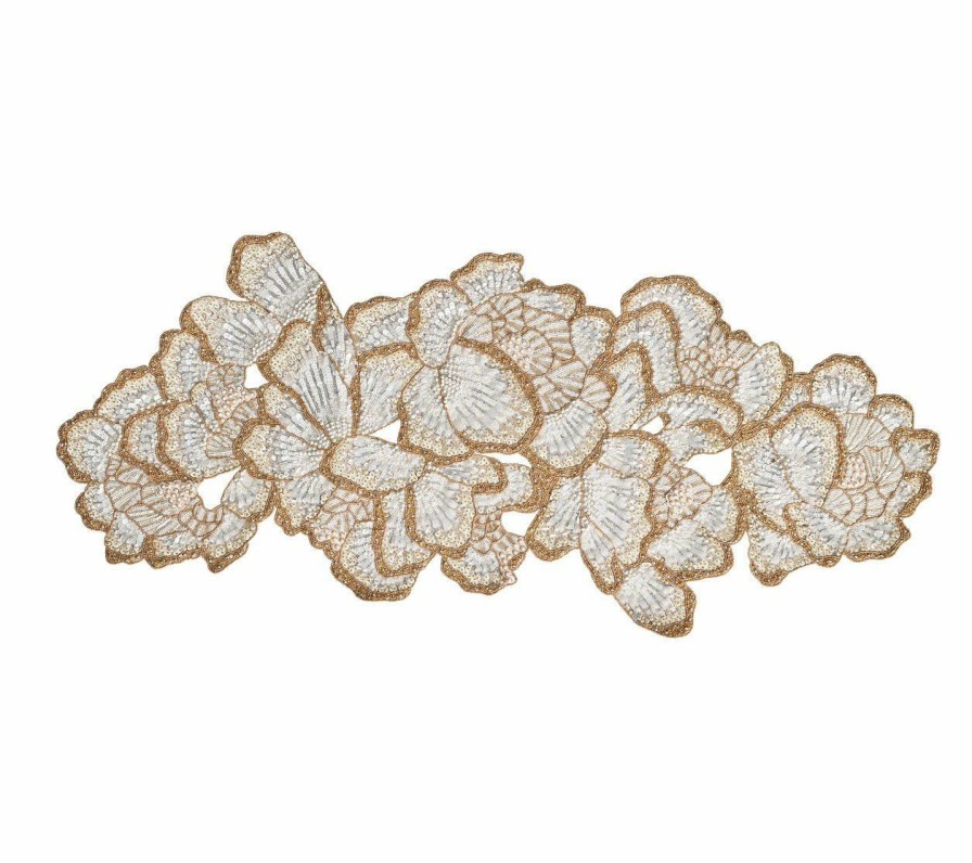 Seasonal Kim Seybert | Kim Seybert Table Runners Botanica Table Runner In White, Gold, & Silver