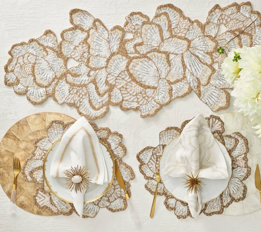 Seasonal Kim Seybert | Kim Seybert Table Runners Botanica Table Runner In White, Gold, & Silver